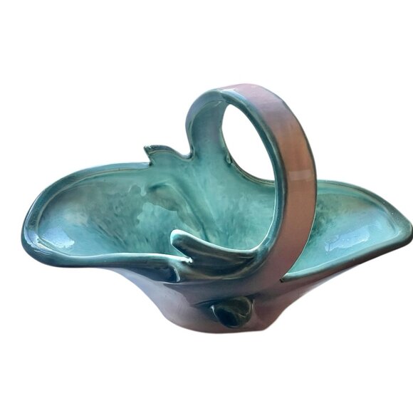 Hull Turquoise Pink Ceramic Basket With Handle Vintage Collectible #56 Gift MCM - Picture 3 of 8